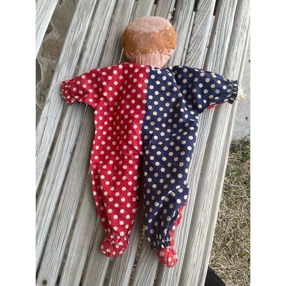 Vintage Stuffed Clown Doll Red Blue White Polka Dot Fabric Handmade 20" - Picture 2 of 8